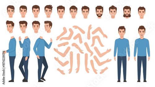 Collection of male character design elements including heads, torsos, arms, and legs for animation or illustration.
