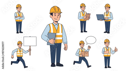 A collection of illustrations depicting a construction worker in various poses and activities, including holding documents, a laptop, a sign, and a package.