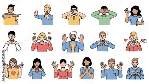 Collection of diverse people expressing various emotions and gestures through hand signs and facial expressions.