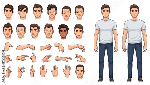 Collection of diverse male character elements including heads, hands, and full body figures for animation or illustration.