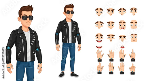 A stylized 3D character model with various facial expressions, hand gestures, and hairstyles, showcasing a rock-and-roll aesthetic with a leather jacket and sunglasses.