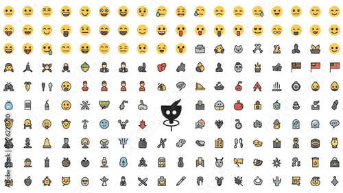A comprehensive collection of diverse emojis and icons displayed in a grid format, showcasing various categories of digital symbols.