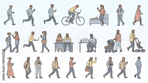 A diverse collection of people engaged in various daily activities, including walking, running, cycling, working, and caring for children, depicted in a stylized illustration.