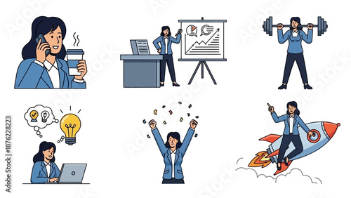 A collection of six illustrations depicting a businesswoman in various professional scenarios, including a phone call, presentation, weightlifting, idea generation, celebration, and riding a rocket.
