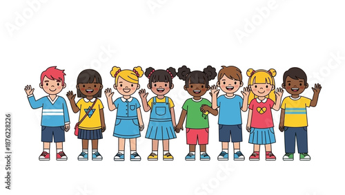 A diverse group of cartoon children of various ethnicities and genders waving hello, standing together in a line.