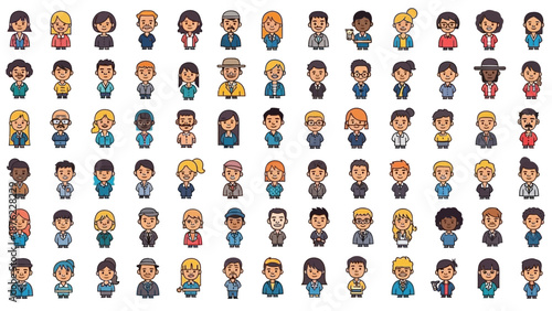 A large collection of diverse pixel art characters, showcasing a variety of professions and styles.