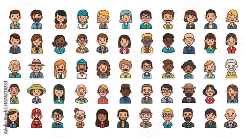 A diverse collection of cartoon avatars representing people of various ages, genders, ethnicities, and styles, suitable for user profiles or icons.