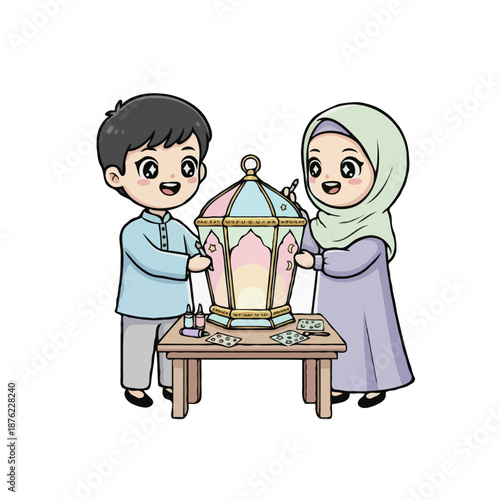 Cute Muslim Children Decorating Traditional Ramadan Lantern