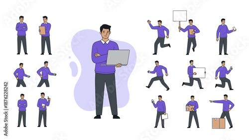 A collection of diverse poses and actions of a young man in casual business attire, holding various objects like a laptop, a box, and a sign.