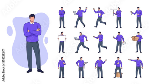 Collection of cartoon illustrations of a man in various poses and actions, suitable for business or educational content.