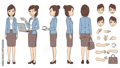 A collection of illustrations depicting a businesswoman in various poses and from different angles, along with separate facial expressions, hands, and accessories.