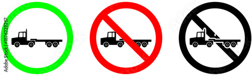 Set of flatbed truck traffic sign icons for permitted and prohibited zones | Empty trailer chassis entry and restriction symbols for industrial logistics