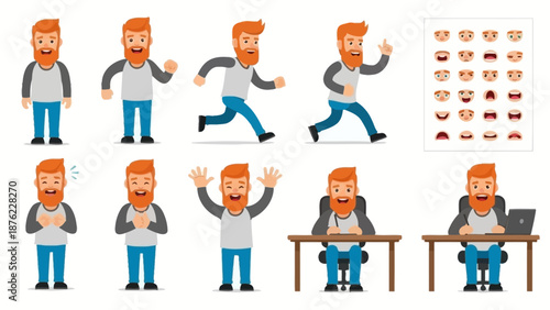 Collection of cartoon illustrations of a man with a beard in various poses and expressions, including running, working at a desk, and showing emotions.