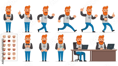 A collection of cartoon illustrations depicting a man with a beard in various poses and activities, including running, holding a phone, and working at a desk.