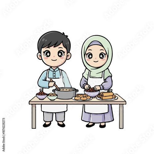 Vector Illustration of Little Muslim Chefs in Aprons Preparing Food for Ramadan