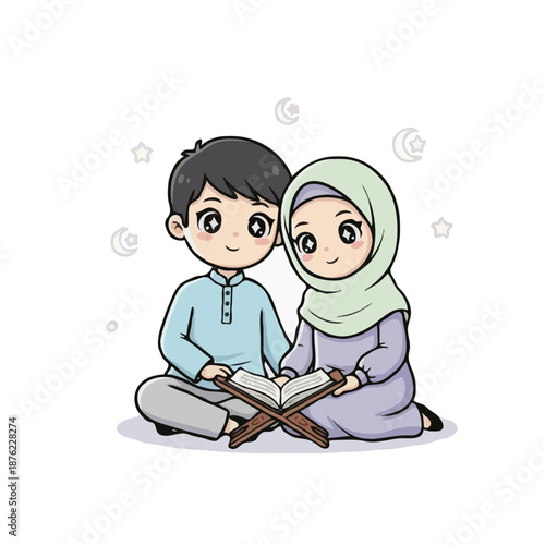 Illustration of Muslim Siblings Reciting the Holy Quran Together in a Peaceful Atmosphere