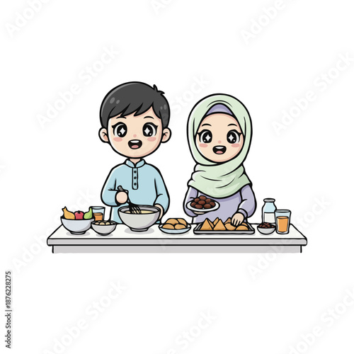 A  Muslim Couple Preparing Food for Iftar Illustration