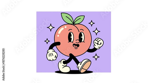 A vintage cartoon peach character with eyes, arms, and legs, walking happily with sparkles around it.
