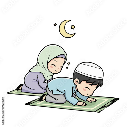 Muslim Kids Prostrating in Prayer Under Crescent Moon and Stars