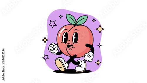 A vintage cartoon peach character with a retro style, walking with a cheerful expression and sparkling stars around it.