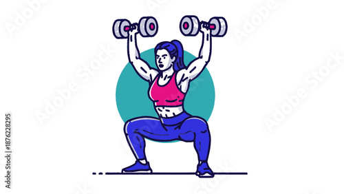 A muscular woman performing a dumbbell overhead squat exercise with determination.