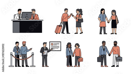 Diverse couples and individuals engaging in various activities, including travel, business, and social interactions, depicted in a modern, flat illustration style.