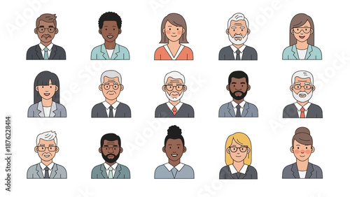 A diverse group of professional men and women depicted in a clean, modern illustration style, showcasing various ages, ethnicities, and hairstyles.
