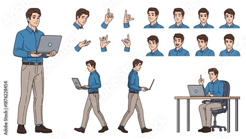 Collection of illustrations depicting a man in various poses and actions with a laptop, including standing, walking, and sitting at a desk.