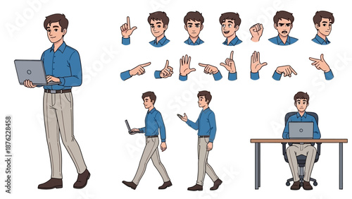 Collection of illustrations depicting a young man in various poses and actions, including holding a laptop, walking, and sitting at a desk.
