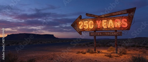 Cinematic vintage neon motel sign in a desert landscape at twilight, glowing with the text 