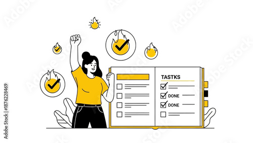 A woman celebrates completing tasks on a checklist, symbolizing productivity and achievement.