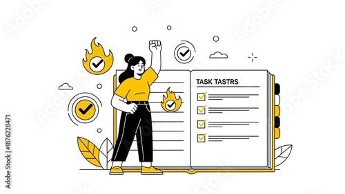 A determined woman stands triumphantly next to a large open task list with burning flames and checkmarks.