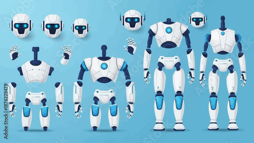 Assembled and disassembled parts of a futuristic white and blue robot on a light blue background.