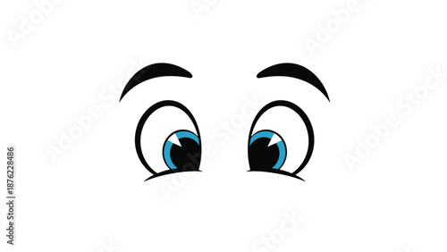 Close up illustration of a pair of cartoon eyes with blue pupils looking downwards in a curious expression.