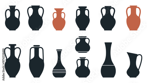 Silhouette collection of various ancient Greek pottery styles and amphora vases in black and terracotta colors.