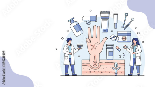Dermatologists are presenting various skincare products and medical treatments for skin conditions illustrated on a giant hand.
