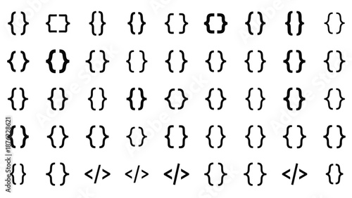 Large set of various programming and coding bracket icons is presented in different styles and thicknesses for developers.