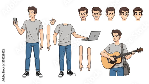 A young man depicted in various poses and with different accessories, including a smartphone, laptop, and guitar, along with separate facial expressions and body parts for animation.