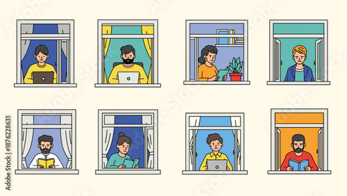 Eight scenes through apartment windows show various people working on laptops or reading books while staying at home.