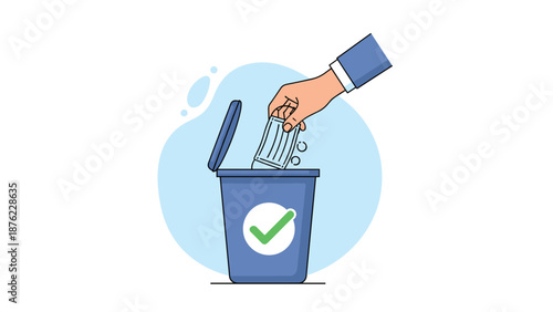 Hand is shown throwing a used medical face mask into a blue trash bin that features a green checkmark symbol of success.