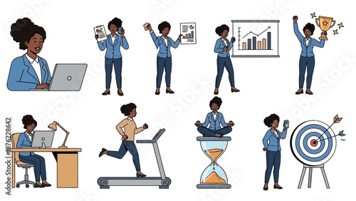 Collection of illustrations depicting a Black woman in various business and lifestyle activities, including working on a laptop, exercising, meditating, and celebrating success.