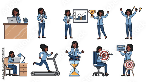 Collection of cartoon illustrations depicting a Black businesswoman in various professional and personal activities.