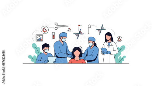 Medical team including surgeons and doctors are focused on treating a female patient surrounded by floating medical icons.