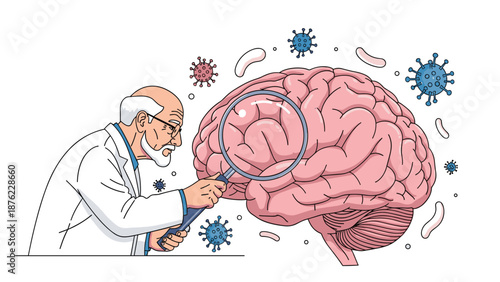 Senior doctor is using a magnifying glass to closely examine a giant human brain model surrounded by floating virus particles.