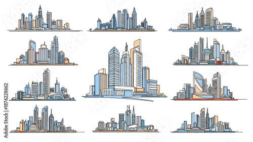 Collection of various modern city skyline sketches is illustrated with clean lines and soft blue and orange color highlights.