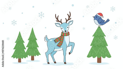 A cute blue deer wearing a scarf stands next to Christmas trees with a bird on top of one tree.
