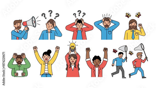 A collection of diverse cartoon characters expressing various emotions and actions, including confusion, celebration, and problem-solving.
