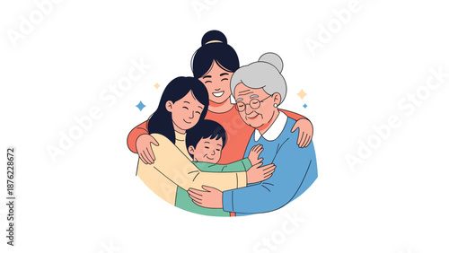 Loving family members including a grandmother, mother, and daughter are sharing a warm and happy embrace together.