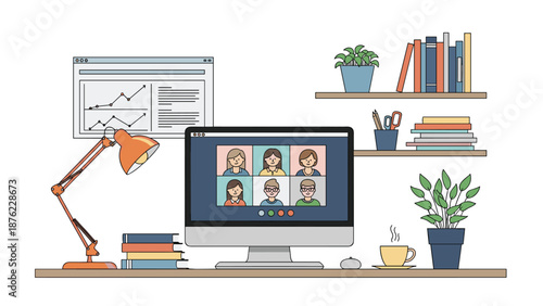 Modern home office workspace features a desktop computer with a video conference call showing multiple participants on screen.