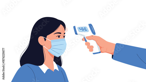 Hand is using a non-contact infrared thermometer to measure the body temperature of a woman wearing a blue medical mask.